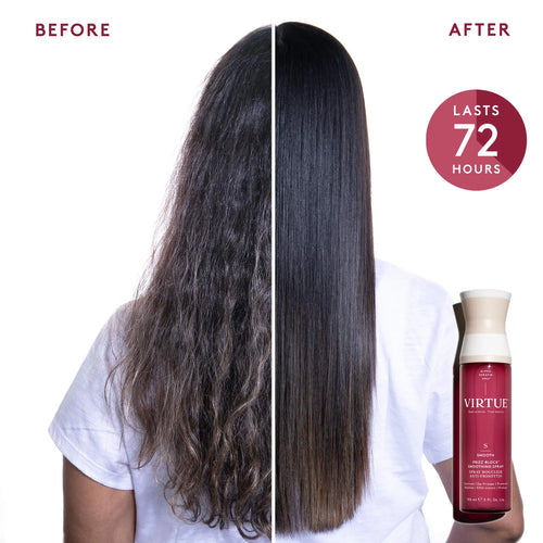 Product shot of the virtue frizz blocking smoothing spray.